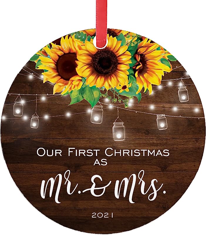 Our First Christmas As Mr & Mrs Ornament  Married Ornaments For Wedding Sunflower Tree Decorations Xmas Couple Ceramic Funny Engagement New Family, White-Style, 3In