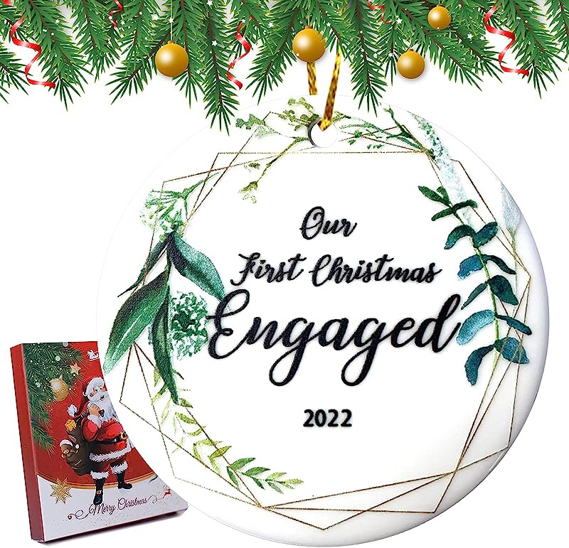Engagement Gifts For Couples Newly Engaged Unique , Engagement Gift First Christmas Engaged Ornaments With Gift Box, Bridal Shower Gift Wedding Gifts For Couple Bride And Groom Ceramic-Engaged 02