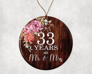 Mr. & Mrs. 33Rd Wedding Anniversary Ceramic Ornament Collectible, 33 Year Marriage Pretty Country Floral 3" Flat Holiday Porcelain Keepsake With Gold Ribbon Box Both Sides