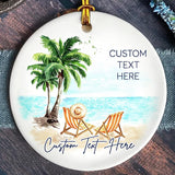 Personalized Beach Couples Christmas Ornament - Custom Text, Cute Beach Ornament, Memorable Vacation, Wedding Beach Ornament Favor, Hawaii Married At The Beach Ornament, Travel Gift For Engaged Couple