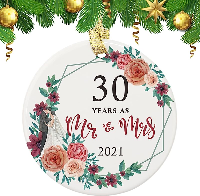 30 Years As Mr. And Mrs. Ornament  - Holiday Decoration Romantic Keepsake Gift For 30Th Wedding Anniversary Husband & Wife Round Ceramic Christmas Ornament With Gold Ribbon