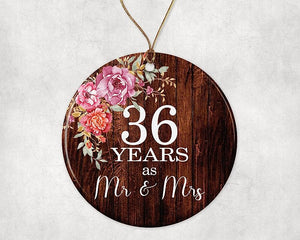 Mr. & Mrs. 36Th Wedding Anniversary Ceramic Ornament Collectible, 36 Year Marriage Pretty Country Floral 3 Inches Flat Holiday Porcelain Keepsake With Gold Ribbon Box Both Sides, White