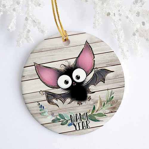 Personalized Christmas Tree Ornament, Bat Personalized Ornament, Christmas Decor, Name Year Ornament, Cute Bat Gift, 3 Inch Circle Flat Ceramic Keepsake, Xmas Decorations, Lda209