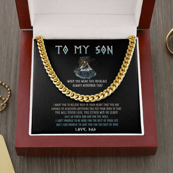To My Son Necklace Gift - Viking Style You Will Never Lose, You Either Win Or Learn Just Go Forth and Aim For The Skies Cuban Link Chain Necklace LX344B