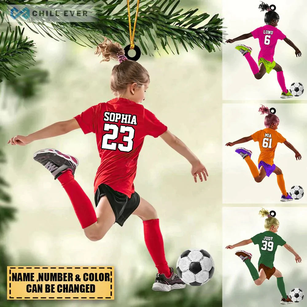 Personalized Little Girl/Kid Soccer Players Acrylic Christmas Ornament - Gift For Soccer Lovers, Custom Shape Ornament Christmas HB