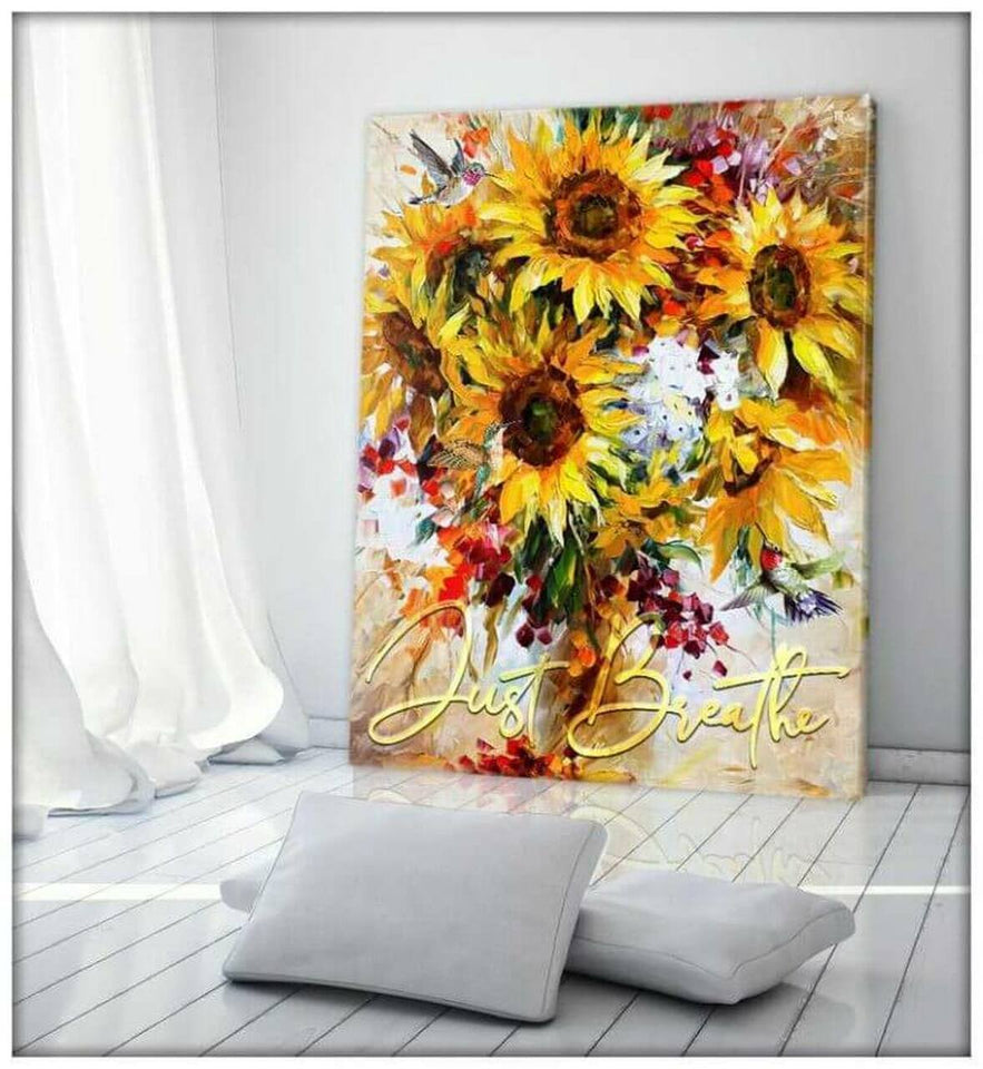 Sunflower and Hummingbird Just breathe Canvas And Poster, Canvas Wall Art, Wall Decor Visual Art