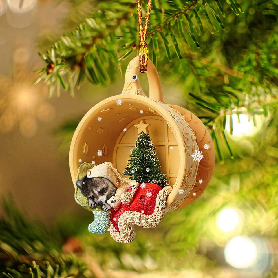 Godmerch- Raccoon Sleeping in a tiny cup Christmas Holiday - One Sided Ornament, Car Ornament, Christmas Ornament