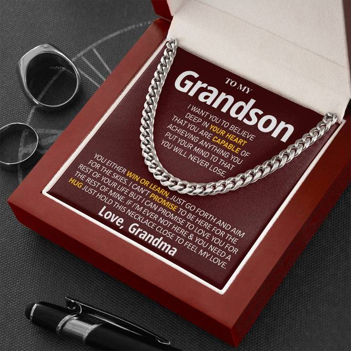 Grandson Necklace You Will Never Lose, You Either Win Or Learn Love, Grandma Cuban Link Chain Necklace - TGV