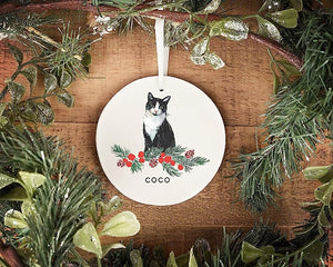 Tuxedo Cat Ornament, Black And White Cat, Custom Ceramic Circle Flat Hanging Ornament Keepsake For Christmas Tree Holiday Decorations, Mdc177