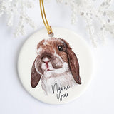 Personalized Christmas Tree Ornament, Brown And White Lop Rabbit Custom Ornament, Christmas Decor, Name Year Ornament, Bunny, 3 Inch Circle Flat Ceramic Keepsake, Xmas, Lda238