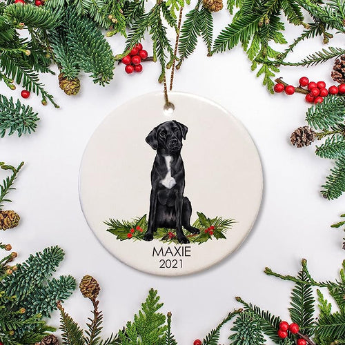 Personalized Black Lab With White Chest, Personalized Christmas Ornament, Dog Ornament, Black Labrador, Dog Lovers Gift, 1St Christmas , Ceramic Ornament Keepsake For Christmas Tree, Ps007