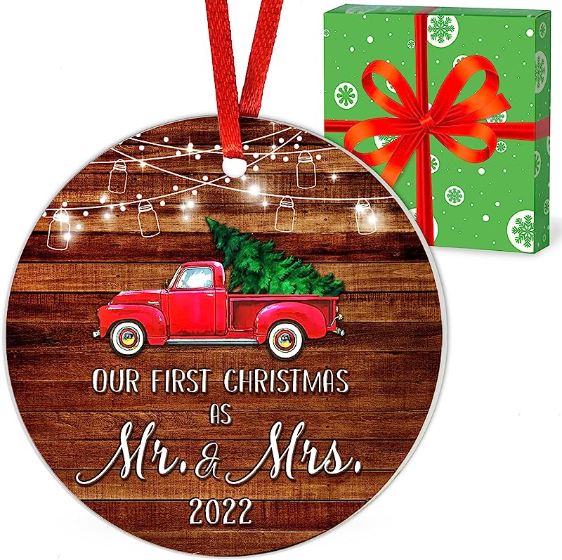 Our First Christmas Married Ornament  With Gift Box As Wedding Gift For Newlywed Couple - Our First Christmas As Mr And Mrs Ornament - Wedding Ornament  For Couples - Red Truck