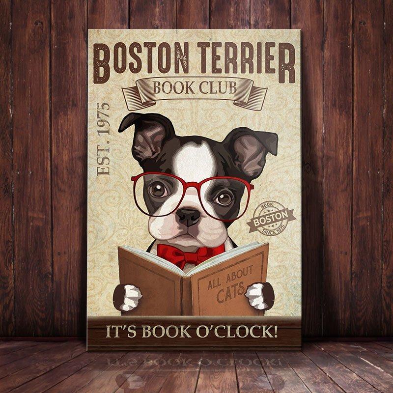 Boston Terrier Dog Book Club Canvas Wall Art, Wall Decor Visual Art