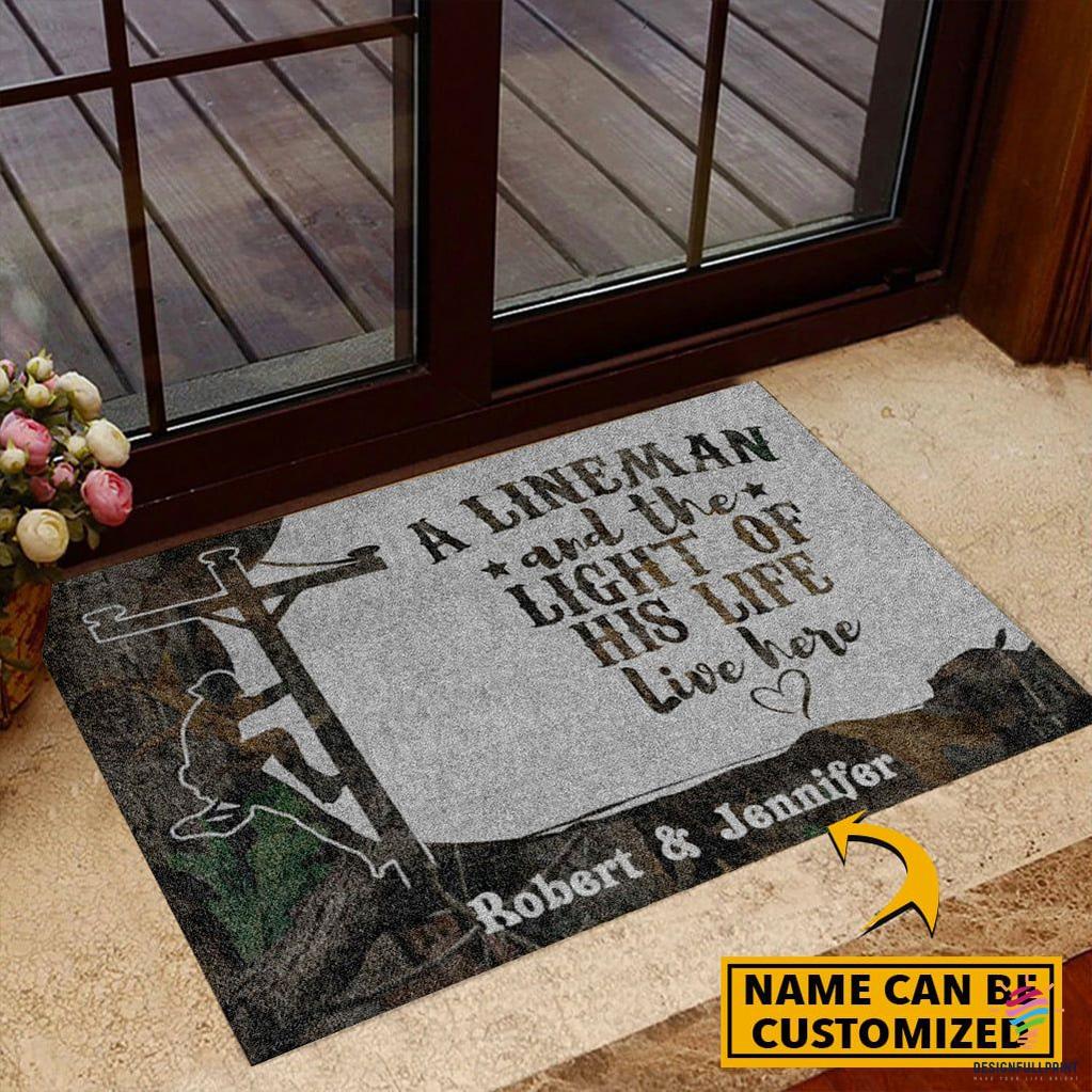 An Linemen and The Light Of His Life Live Here Personalized Non-Slip Rubber Backing Doormat HG
