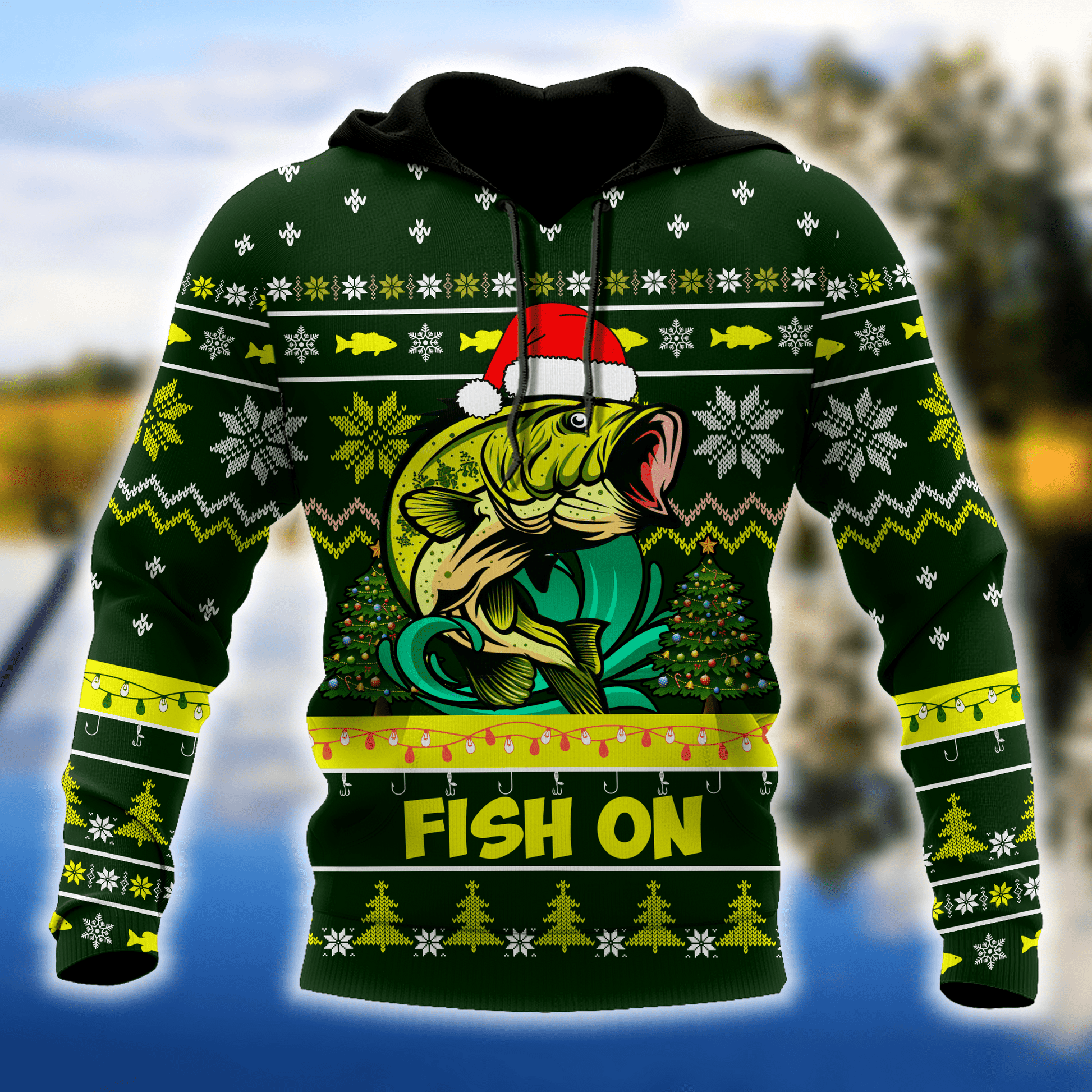 Fishing Gifts Bass Fishing Fish On Christmas Hat US Unisex Size Hoodie