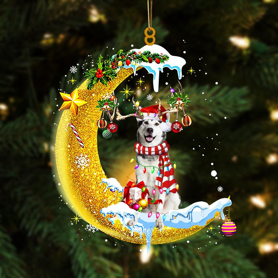 Godmerch- Alaskan Malamute On The Moon Merry Christmas Hanging Ornament Dog Ornament, Car Ornament, Christmas Ornament
