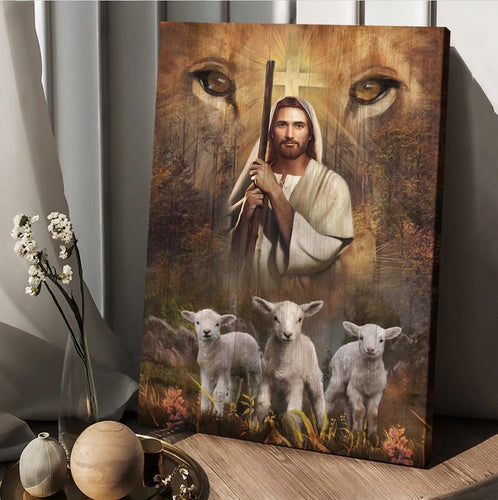 Amazing Jesus painting White lamb Lion's eyes Walking with Jesus - Matte Canvas