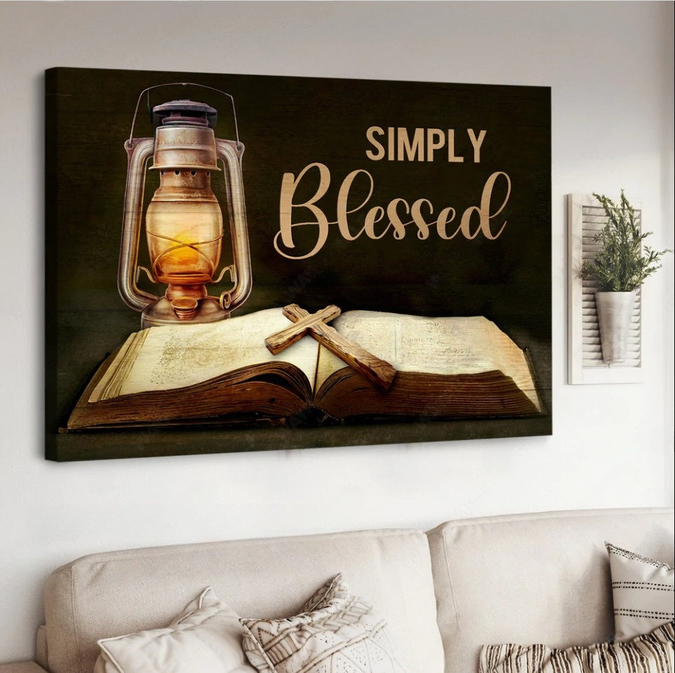 Antique lantern, Vintage bible, Cross drawing, Simply blessed - Matte Canvas
