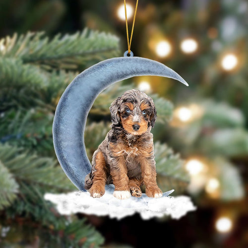 Godmerch- Ornament- Aussiedoodle 02 Sits On The Moon Hanging Ornament Dog Ornament, Car Ornament, Christmas Ornament