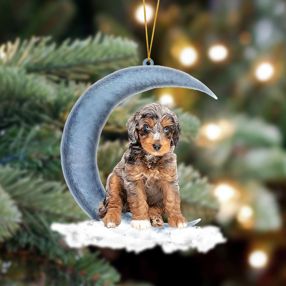 Godmerch- Ornament- Aussiedoodle 02 Sits On The Moon Hanging Ornament Dog Ornament, Car Ornament, Christmas Ornament