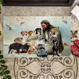 Jesus Surrounded By Australian Shepherds Doormat