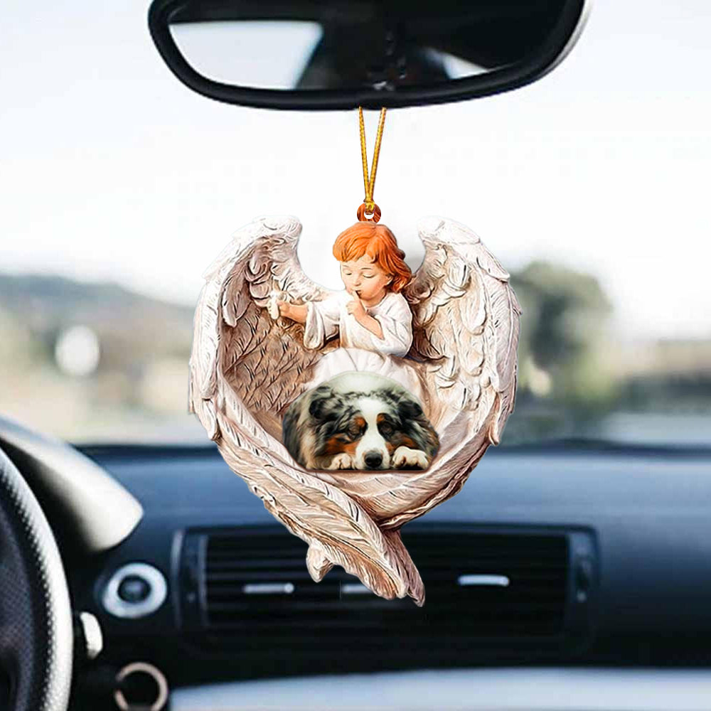 Sleeping Australian Shepherd Protected By Angel Car Hanging Ornament