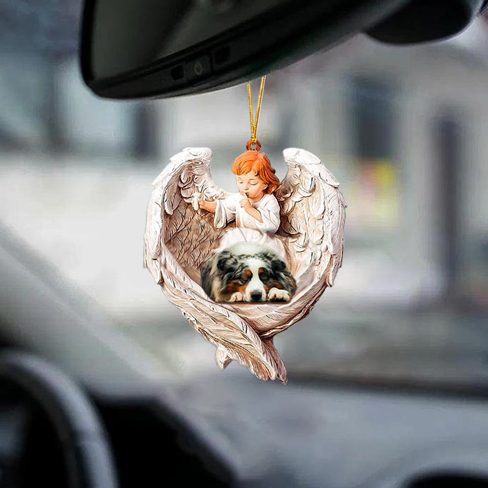 Sleeping Australian Shepherd Protected By Angel Car Hanging Ornament