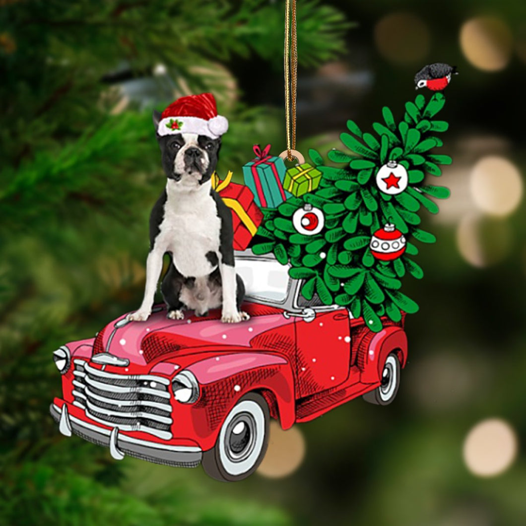 Black Boston Terrier-Pine Truck Hanging Ornament