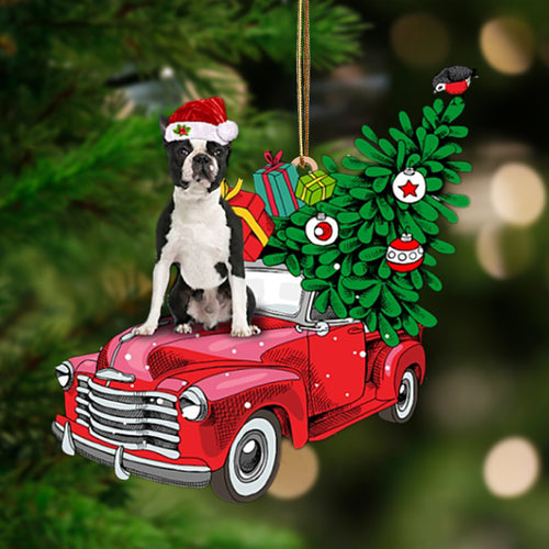 Ornament- BLACK Boston Terrier-Pine Truck Hanging Ornament, Happy Christmas Ornament, Car Ornament