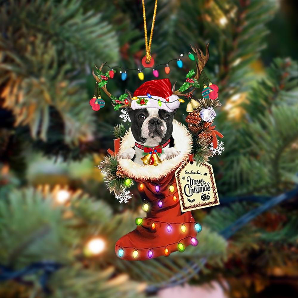 Godmerch- Ornament- BLACK Boston Terrier-Xmas Boot-Two Sided Ornament, Happy Christmas Ornament, Car Ornament