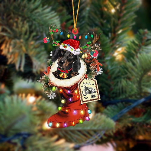 Godmerch- Ornament- BLACK Dachshund-Xmas Boot-Two Sided Ornament, Happy Christmas Ornament, Car Ornament