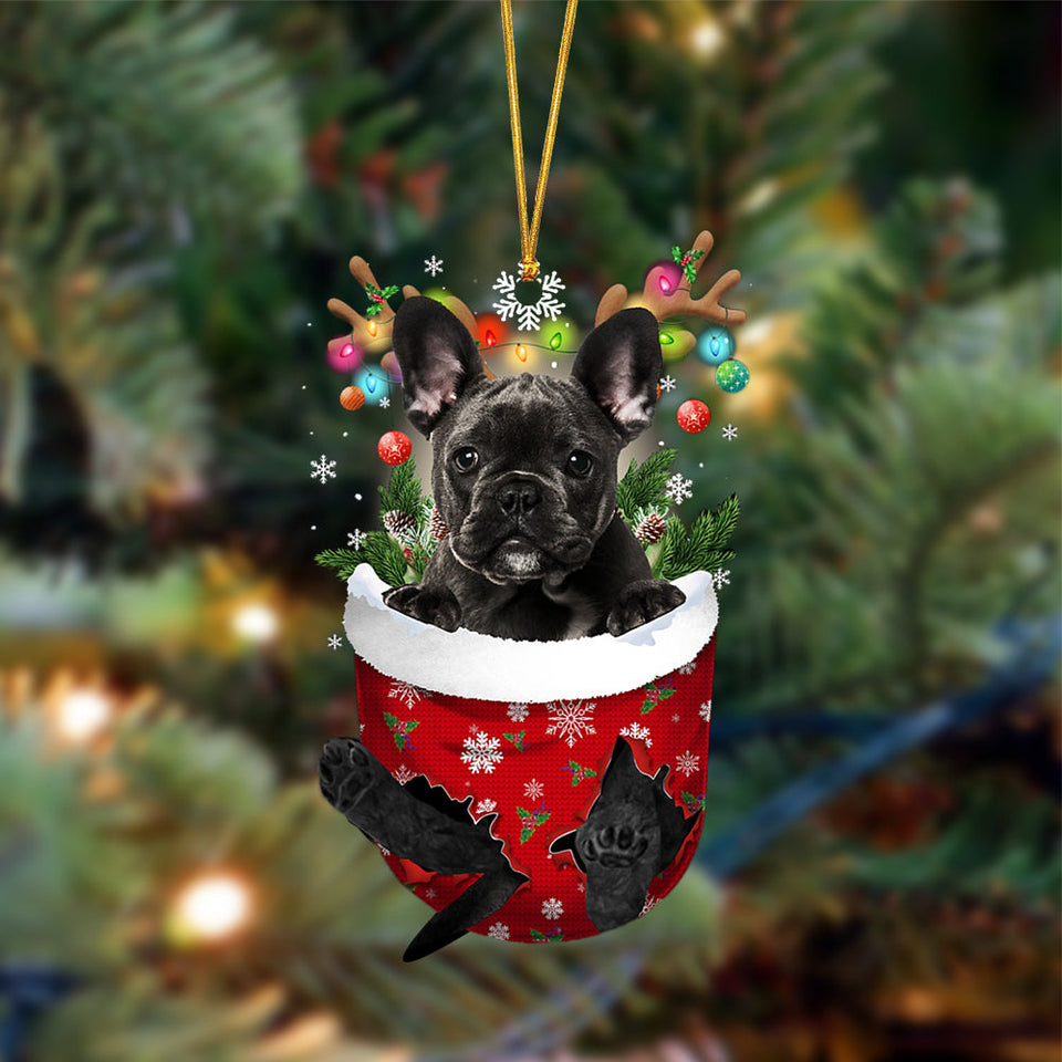 Ornament- BLACK French Bulldog-In Christmas Pocket Two Sides Ornament, Happy Christmas Ornament, Car Ornament