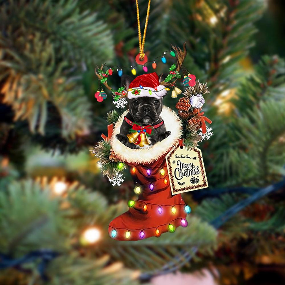 Godmerch- Ornament- BLACK French Bulldog-Xmas Boot-Two Sided Ornament, Happy Christmas Ornament, Car Ornament