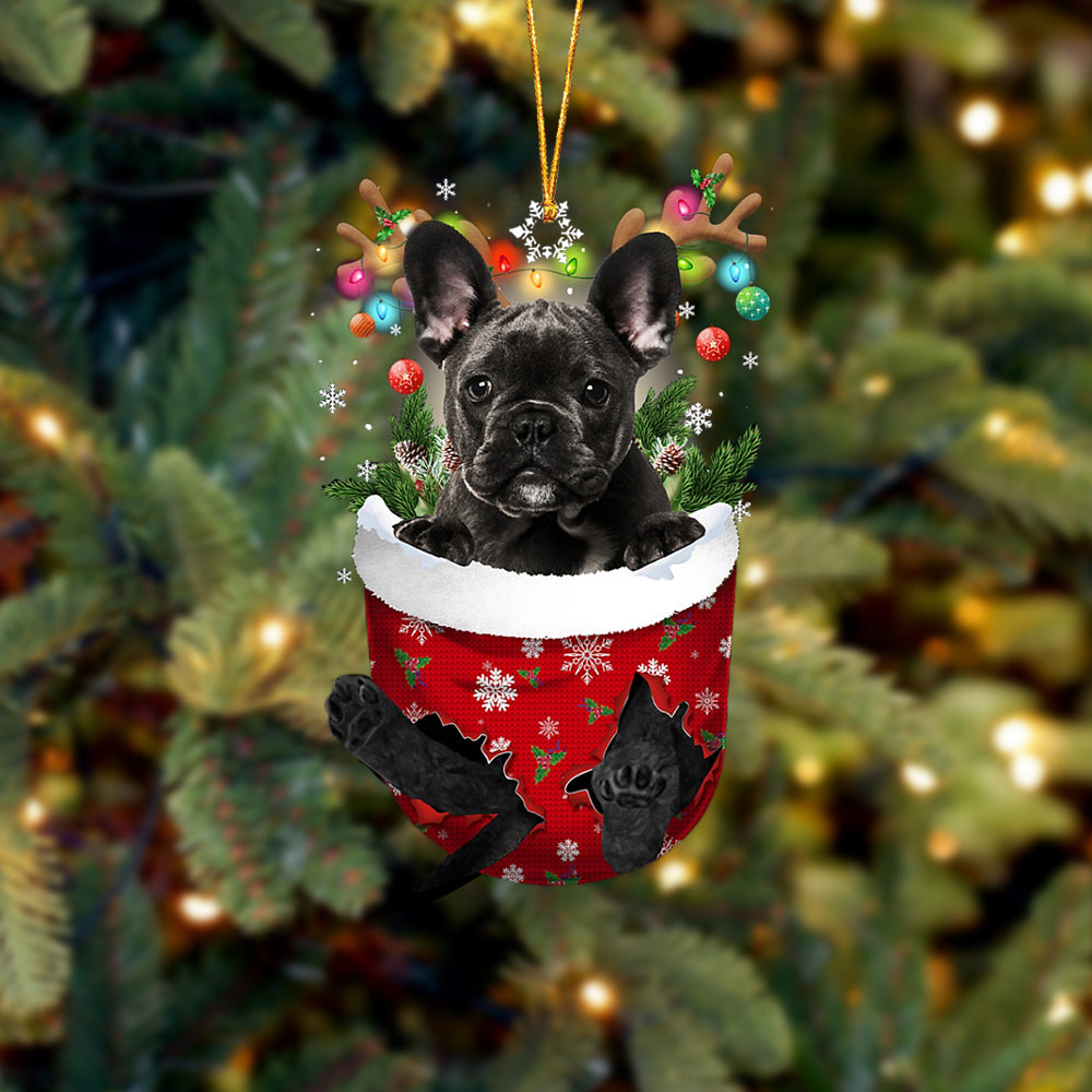 BLACK French Bulldog In Snow Pocket Christmas Ornament Flat Acrylic Dog Ornament