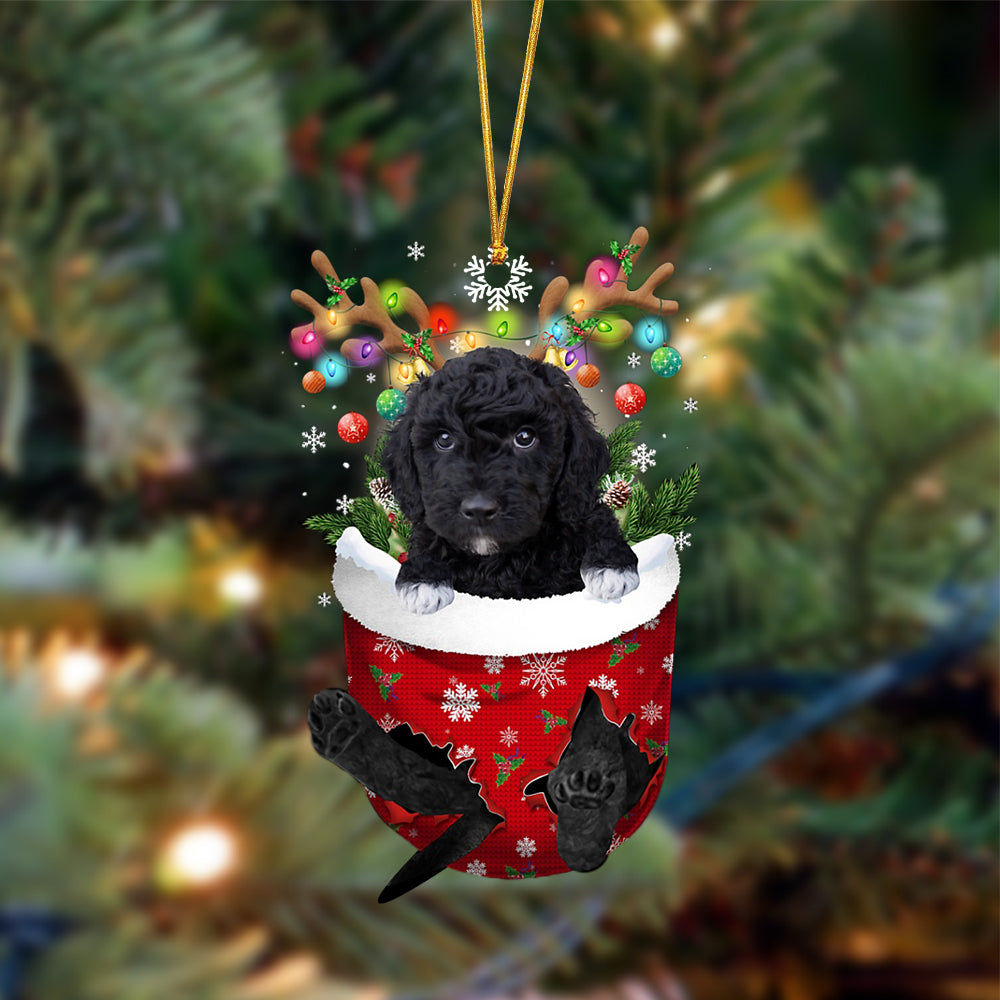 Ornament- BLACK Goldendoodle-In Christmas Pocket Two Sides Ornament, Happy Christmas Ornament, Car Ornament