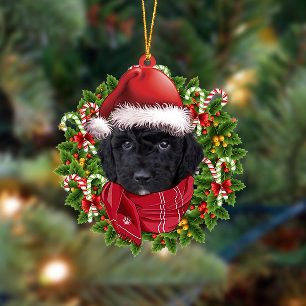 Godmerch- Ornament- BLACK Goldendoodle-Xmas Bandana Hanging Ornament, Happy Christmas Ornament, Car Ornament