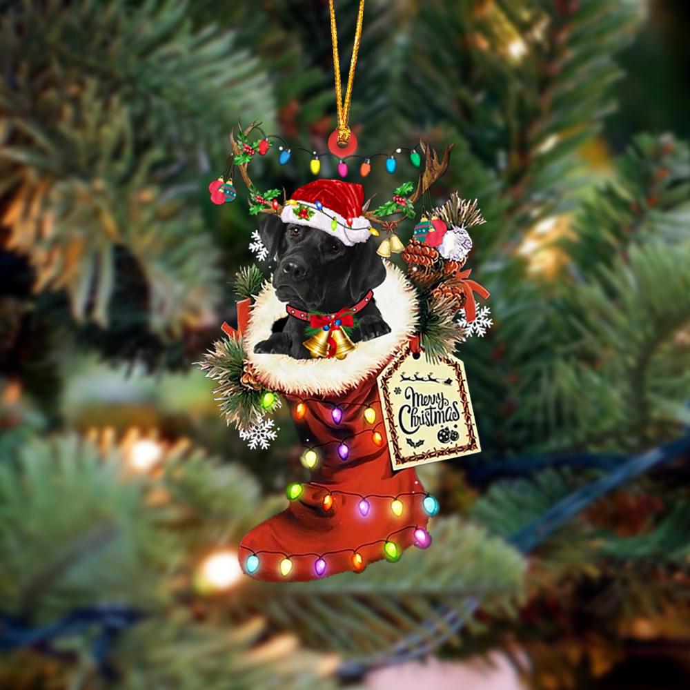 Godmerch- Ornament- BLACK Labrador-Xmas Boot-Two Sided Ornament, Happy Christmas Ornament, Car Ornament