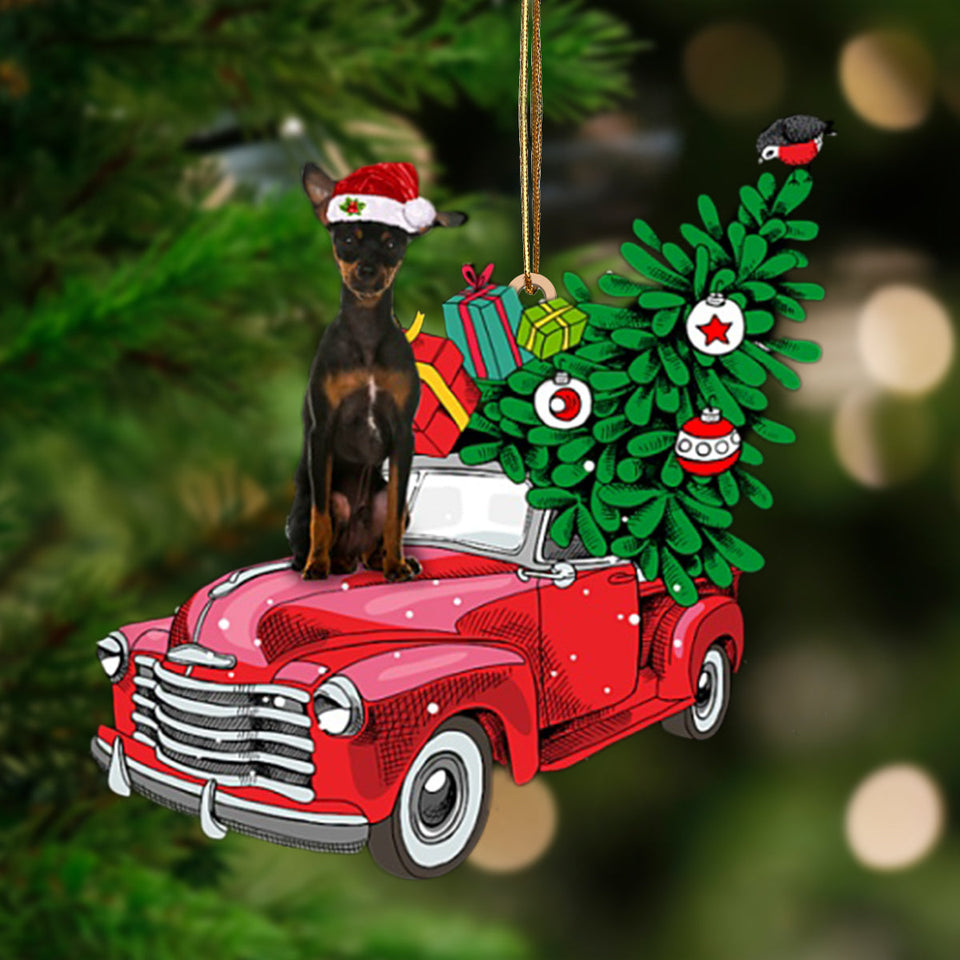 Ornament- BLACK Miniature Pinscher-Pine Truck Hanging Ornament, Happy Christmas Ornament, Car Ornament