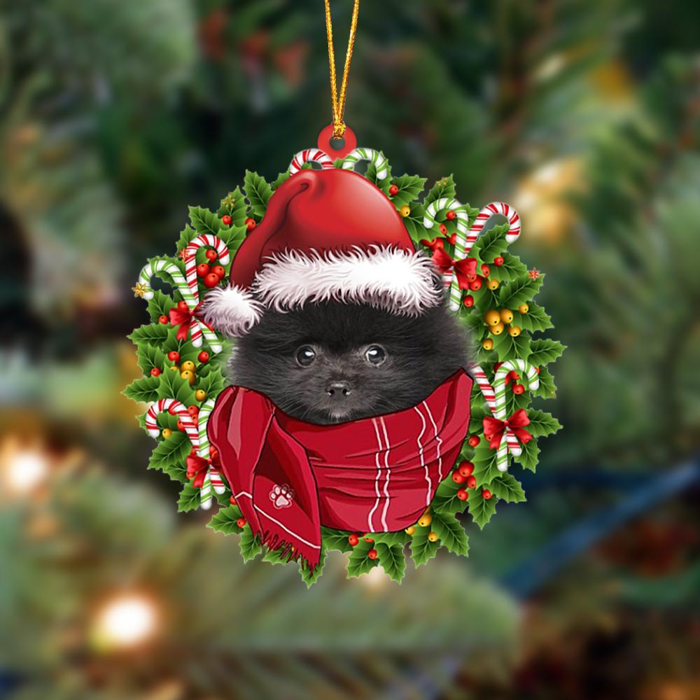 Godmerch- Ornament- BLACK Pomeranian-Xmas Bandana Hanging Ornament, Happy Christmas Ornament, Car Ornament