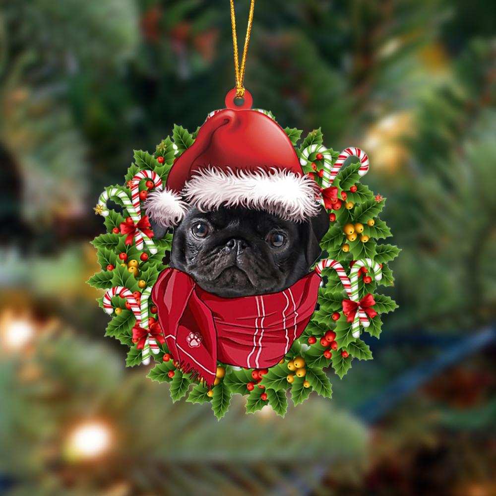 Godmerch- Ornament- BLACK Pug 1-Xmas Bandana Hanging Ornament, Happy Christmas Ornament, Car Ornament