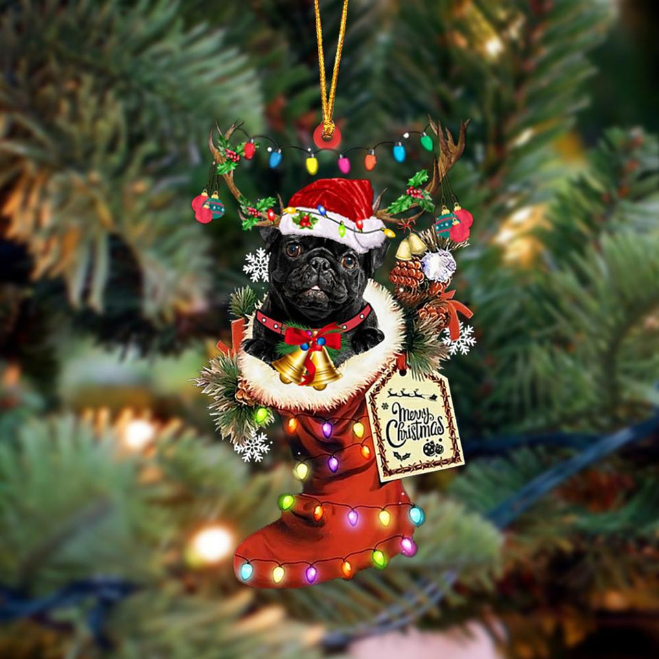 Godmerch- Ornament- BLACK Pug-Xmas Boot-Two Sided Ornament, Happy Christmas Ornament, Car Ornament
