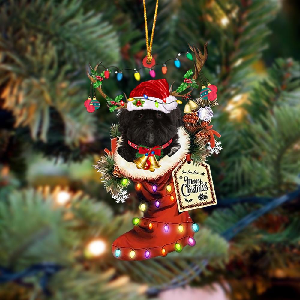 Godmerch- Ornament- BLACK Shih Tzu-Xmas Boot-Two Sided Ornament, Happy Christmas Ornament, Car Ornament