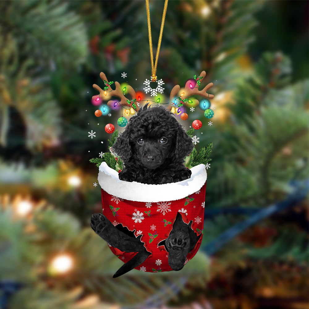 Ornament- BLACK Toy Poodle-In Christmas Pocket Two Sides Ornament, Happy Christmas Ornament, Car Ornament