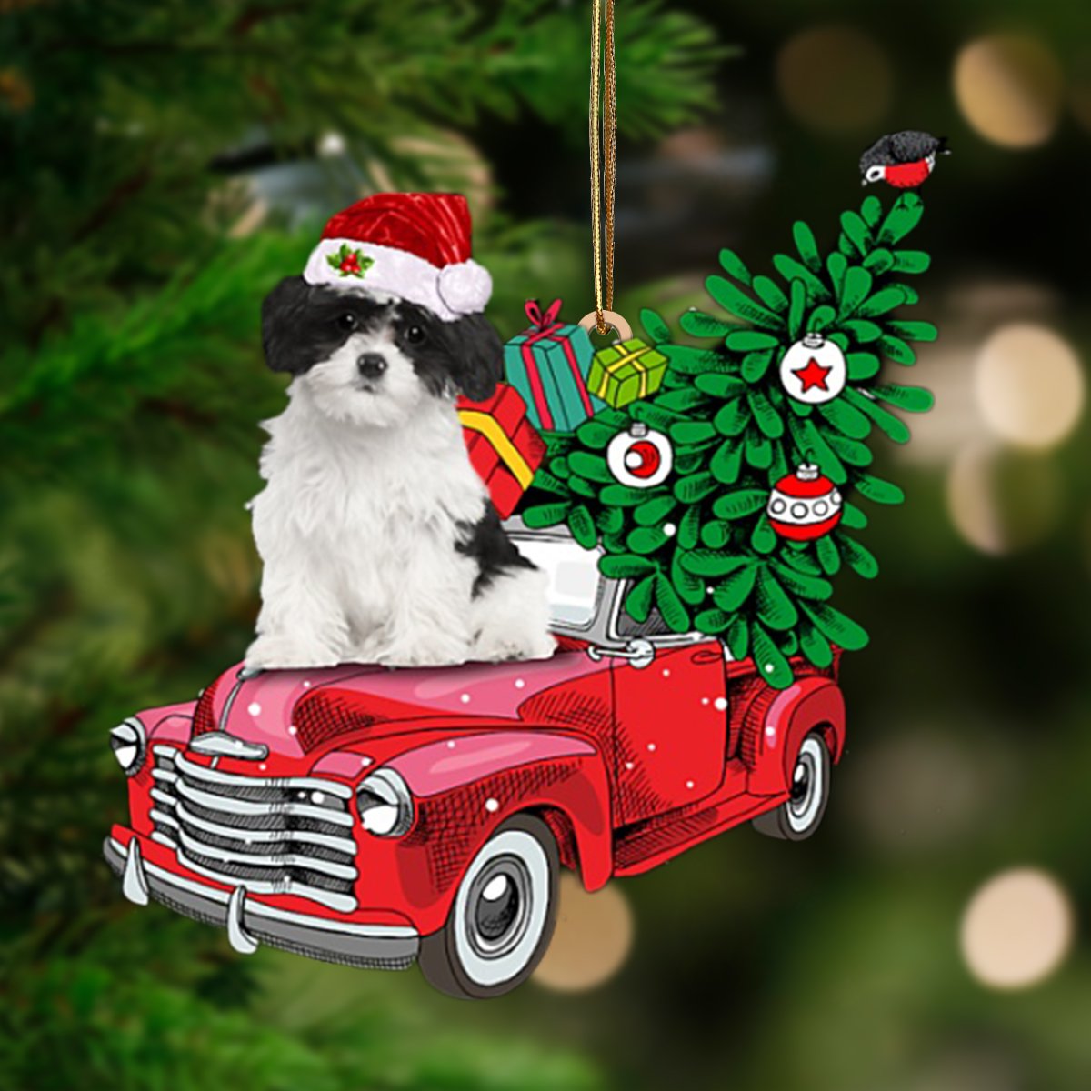 Black White Havanese Phone Ca-Pine Truck Hanging Ornament