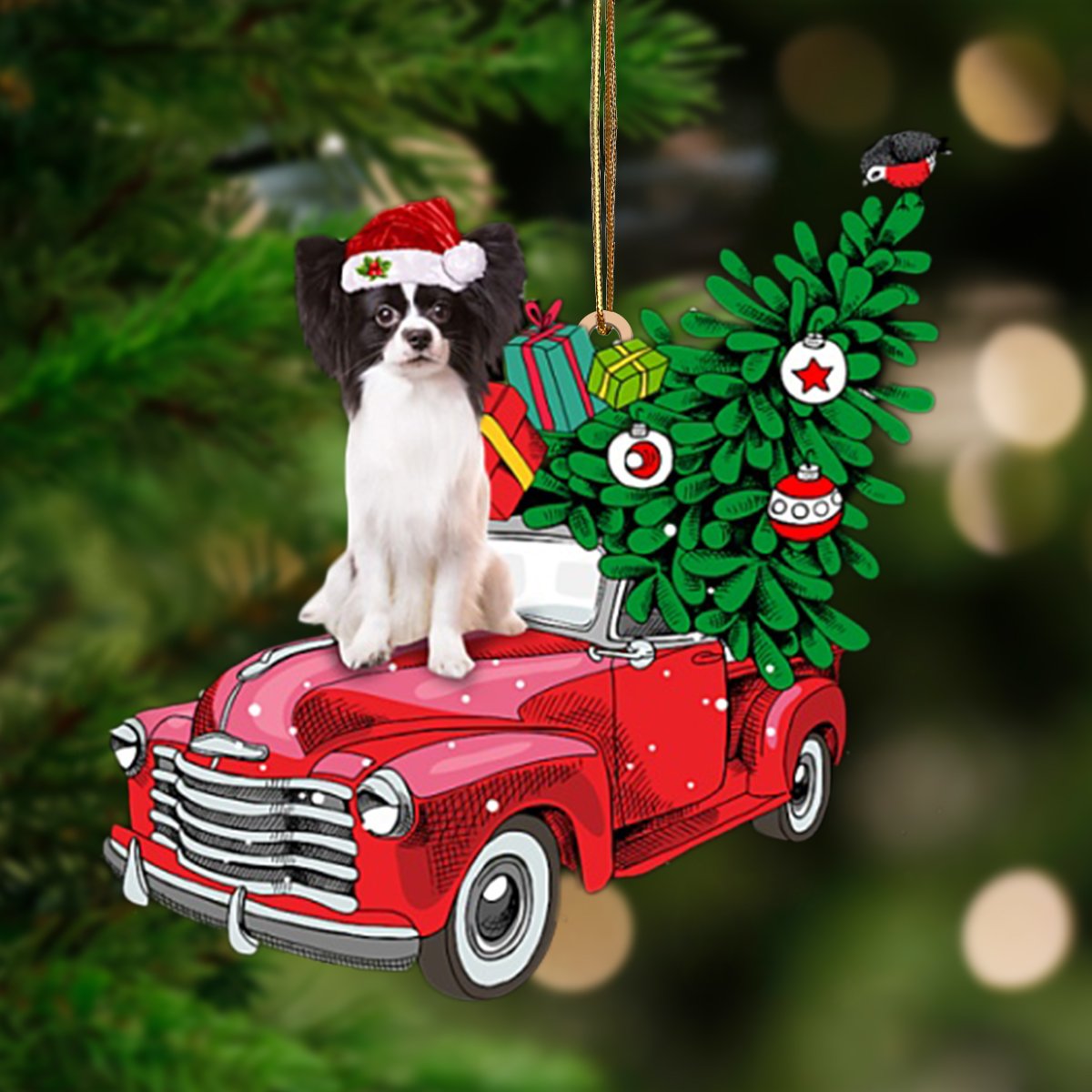 Black White Papillon Phone Ca-Pine Truck Hanging Ornament