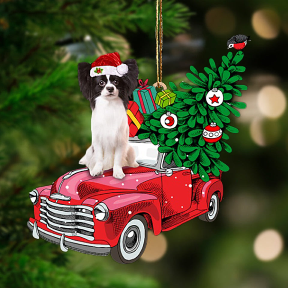 Ornament- BLACK WHITE Papillon Phone Ca-Pine Truck Hanging Ornament, Happy Christmas Ornament, Car Ornament
