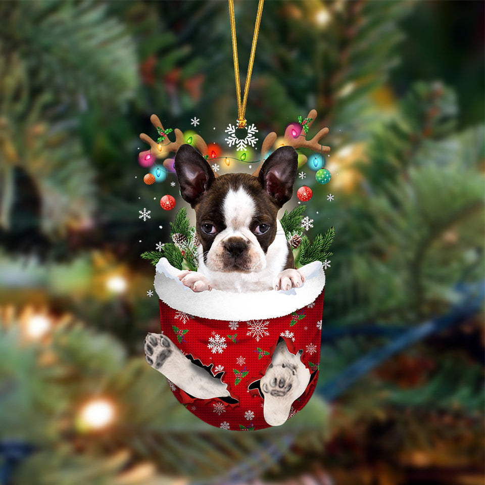 Ornament- BRINDLE Boston Terrier-In Christmas Pocket Two Sides Ornament, Christmas Ornament, Car Ornament
