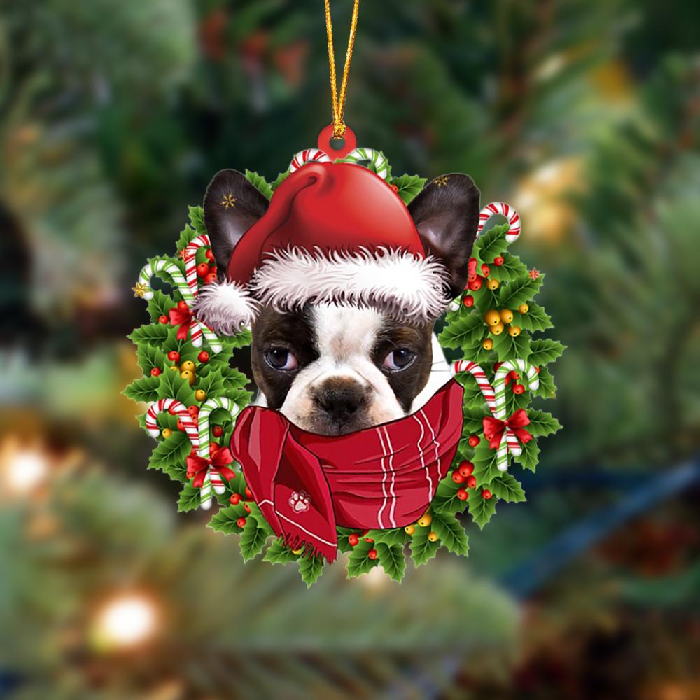 Ornament- BRINDLE Boston Terrier-Xmas Bandana Hanging Ornament, Happy Christmas Ornament, Car Ornament