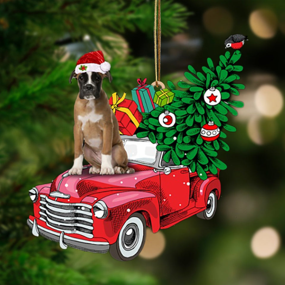 Brown Boxer-Pine Truck Hanging Ornament