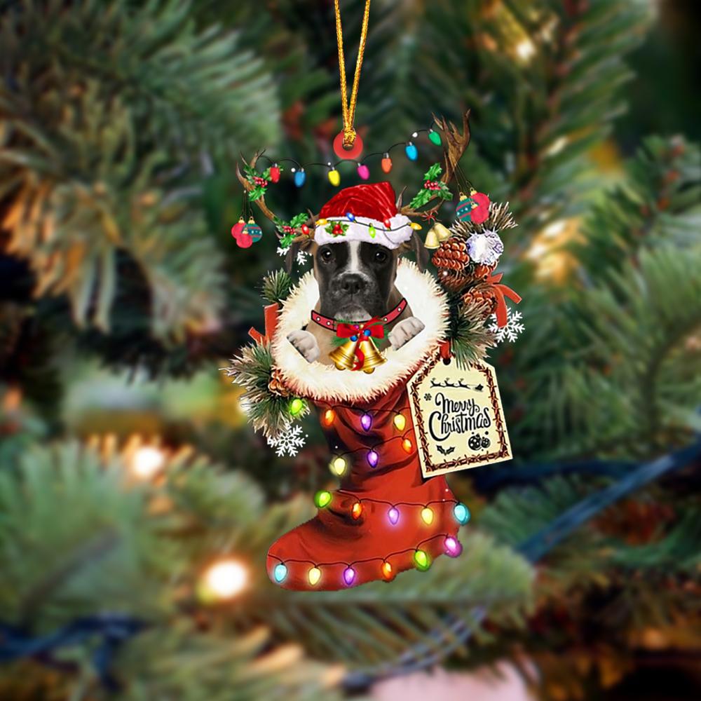 Godmerch- Ornament- BROWN Boxer-Xmas Boot-Two Sided Ornament, Happy Christmas Ornament, Car Ornament